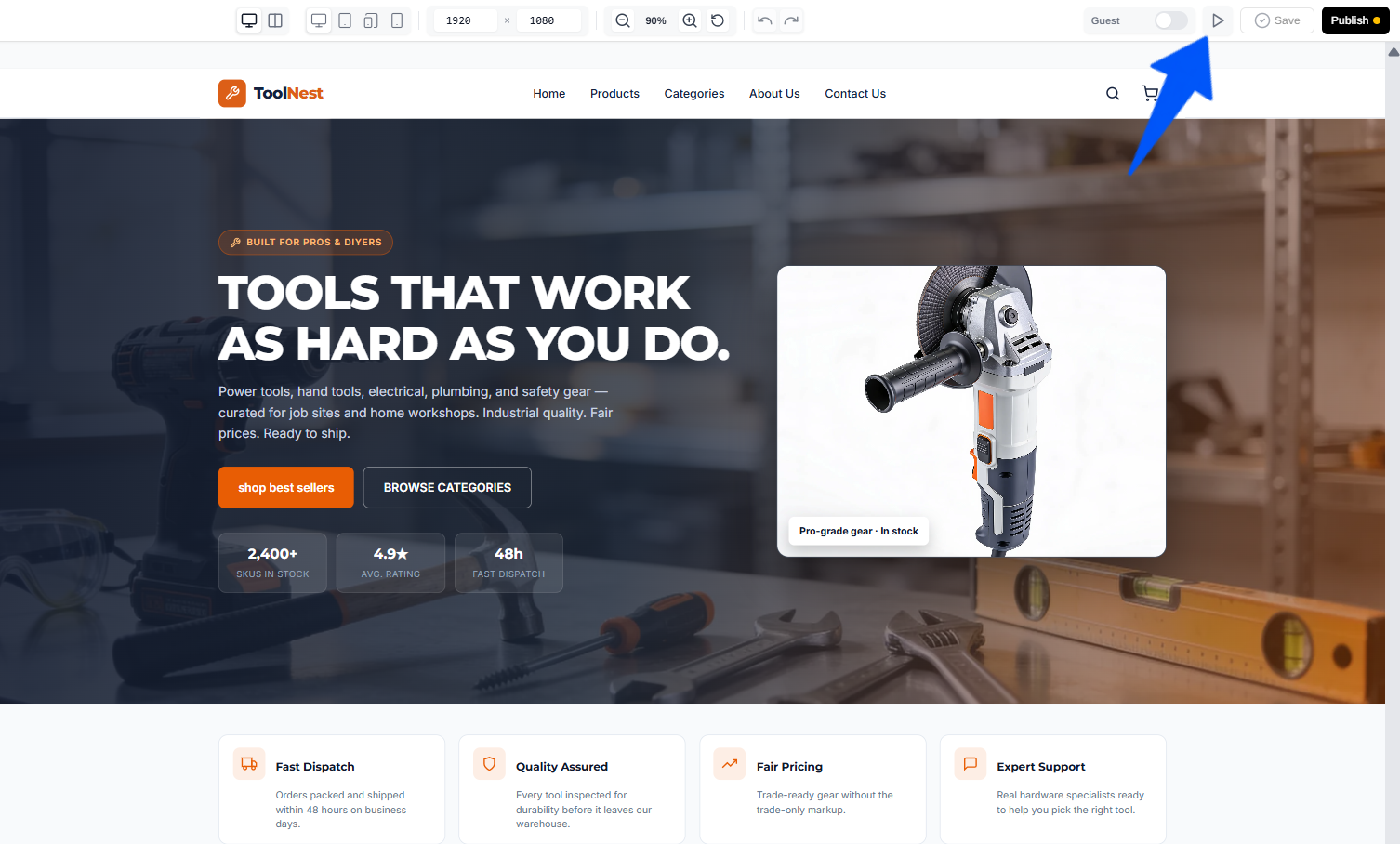 The Builder top toolbar with the Preview, Save, and Publish buttons