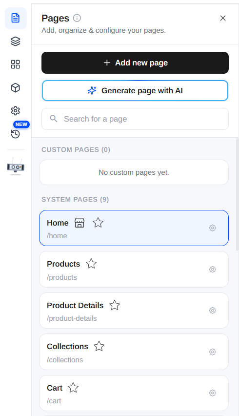 The Builder workspace with the left menu and the live storefront canvas