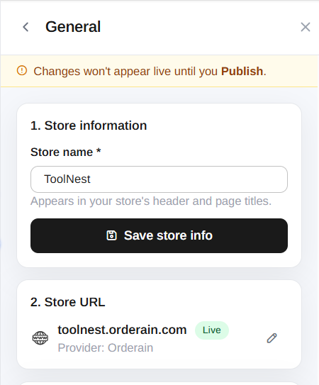 The General settings panel with Store information and Store URL sections
