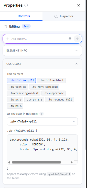The CSS Class section showing the element's classes and the editable rule