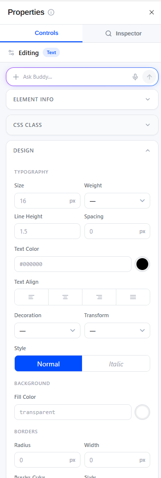 The Design section with typography, background, and border controls