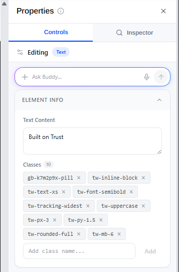 The Element Info section showing Text Content and the element's classes