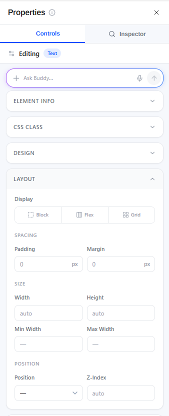 The Layout section with display, spacing, size, and position controls