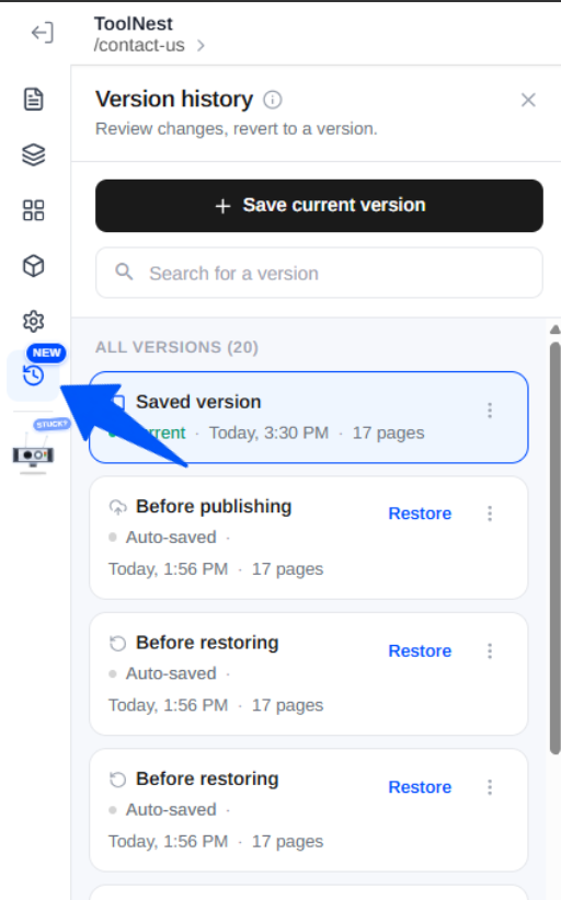 The Version history panel with Save current version, a search box, and the list of saved versions each with a Restore button